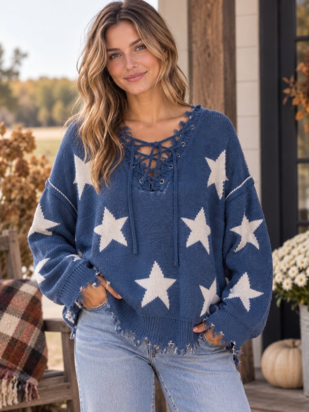 POL Star Lace Up Front Back Distressed Oversized Sweater Blue Medium